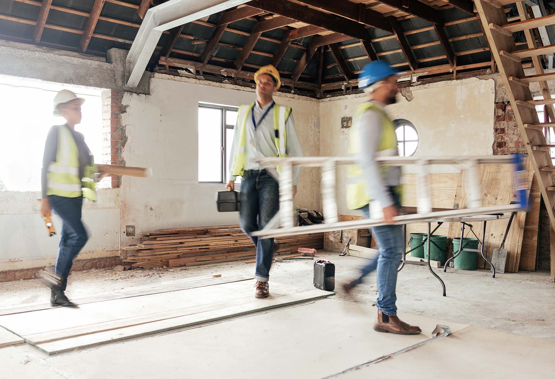 Construction worker, busy and team working building development,
